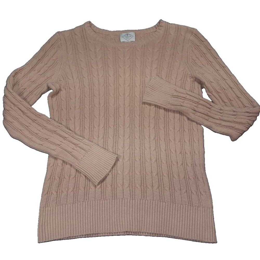 St. John's Bay Women's M Cable Knit Crewneck Sweater Tan Beige Cotton Blend Cozy
